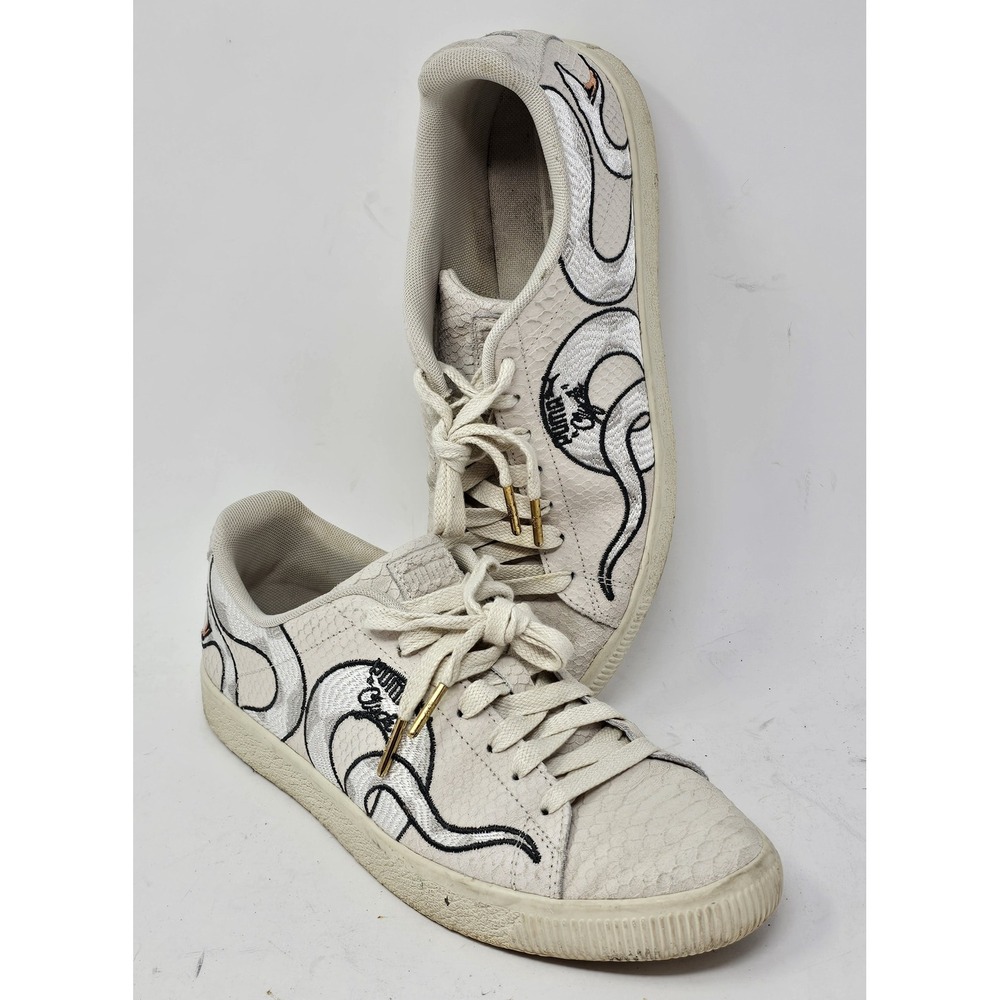 Puma Clyde Snake Embroidered Shoes Mens Size 9.5 White Leather Low Top Sneakers